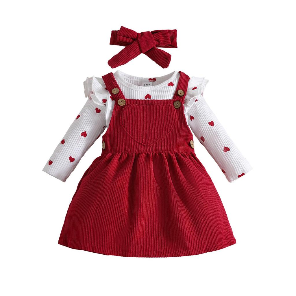 Autumn/Winter Heart Print Baby Bodysuit & Corduroy Overalls Set with Headband
