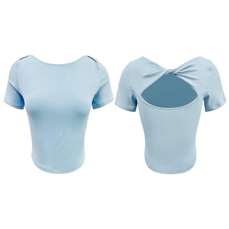 

Женский эластичный кроп-топ с вырезами - Трикотажная спортивная одежда с коротким рукавом для йоги и бега Medium