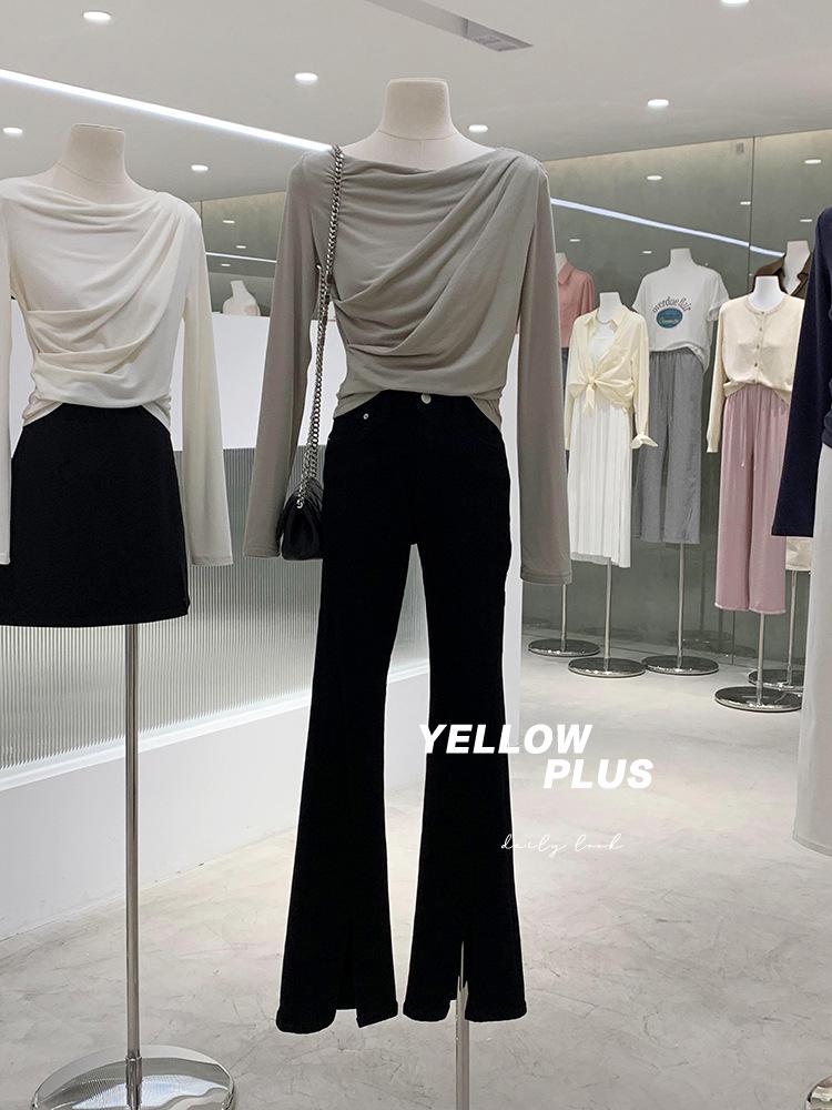 New 2024 Off-Shoulder Ruched Long-Sleeve T-Shirt, Rayon 1x1, 260g, High-End.