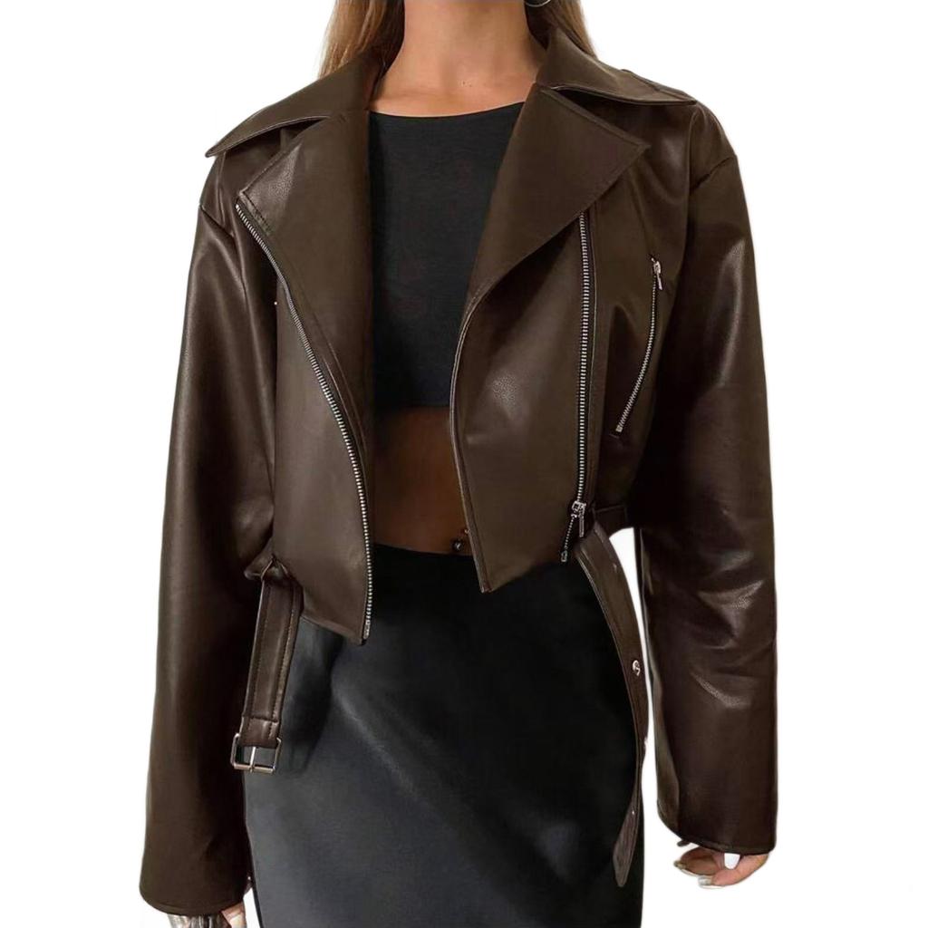Cross-border Wholesale European and American Style Short PU Leather Jacket for Women, Motorcycle Jacket, Slim Fit, High-end Black Jacket, Trendy Insta