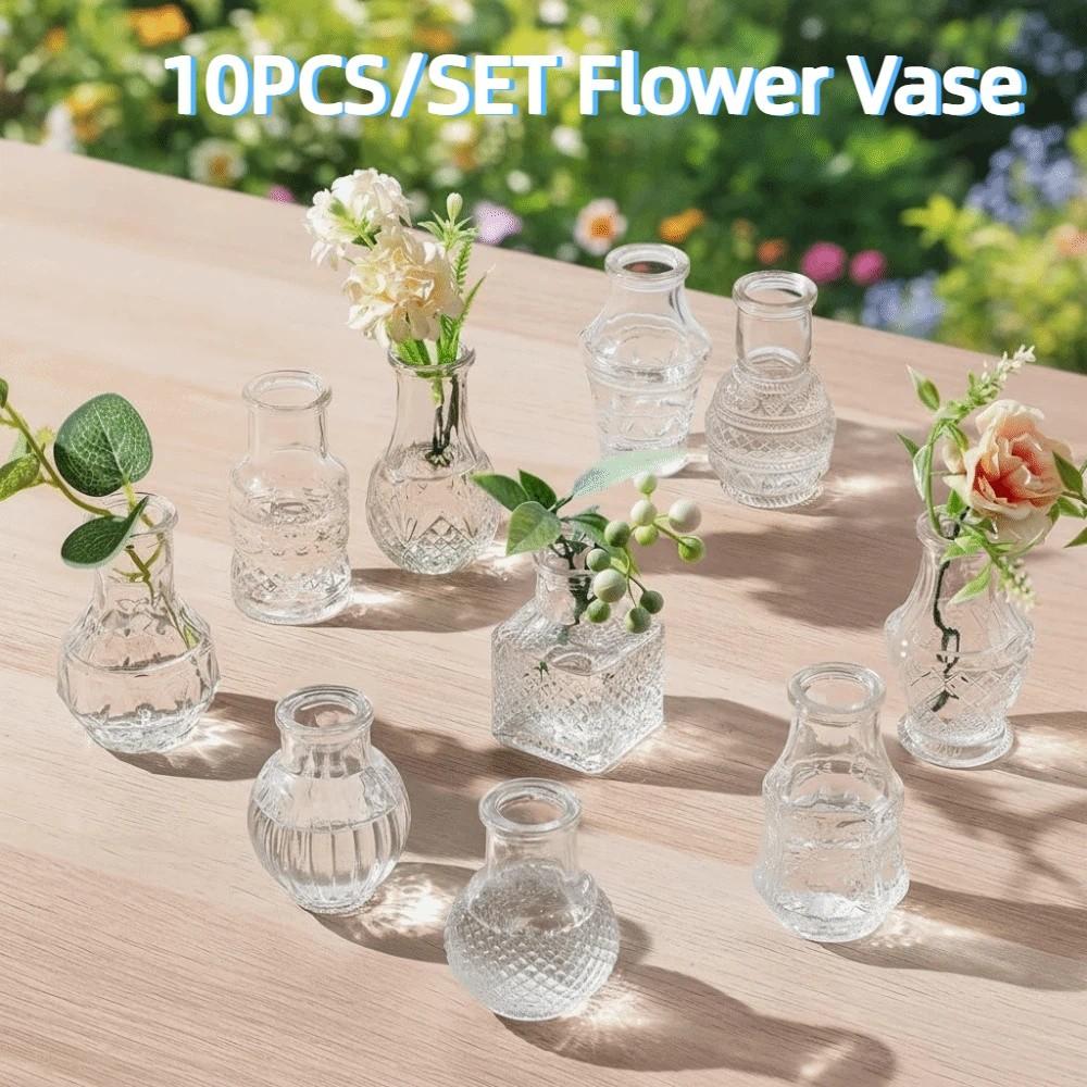 10PCS/SET Retro Relief Mini Glass Vase Crystal Clear Flower Vase Small Vase Set  Desktop Ornament