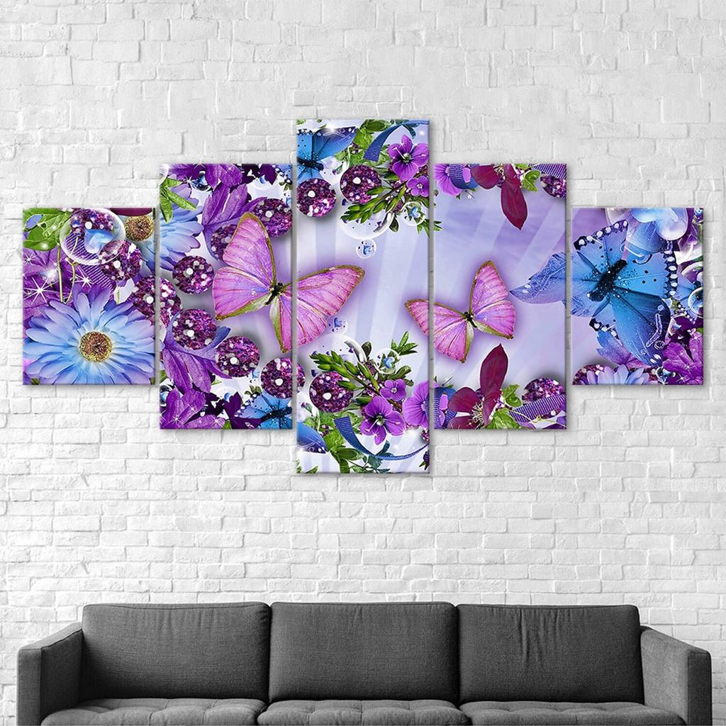 Purple Flowers Butterflies Glowing Scenery 5 Piece Five Panel Wall Canvas Print Modern Art Poster Picture Home Decor Gift For Him For Her