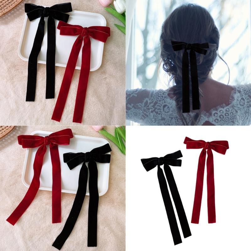 Long Ribbon Bowknot Velveted Hair Clip for Women and Girl Large Barrettes Ponytail Holder for Various Hair Styling Clip
