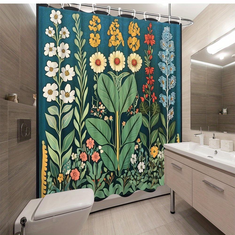 1 szt. Vintage zasłona prysznicowa botaniczna - Bujne zielone rośliny z jaskrawożółtymi, czerwonymi i niebieskimi kwiatami na głębokim turkusie, 70x70 cali Poliest