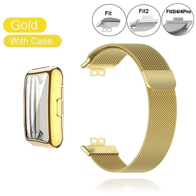 Metallarmband für Huawei Watch Fit 1/2/3/4 Band mit TPU-Hülle Displayschutzfolie Weiche Folie Milanaise Magnetschließe Uhrenarmband Armband