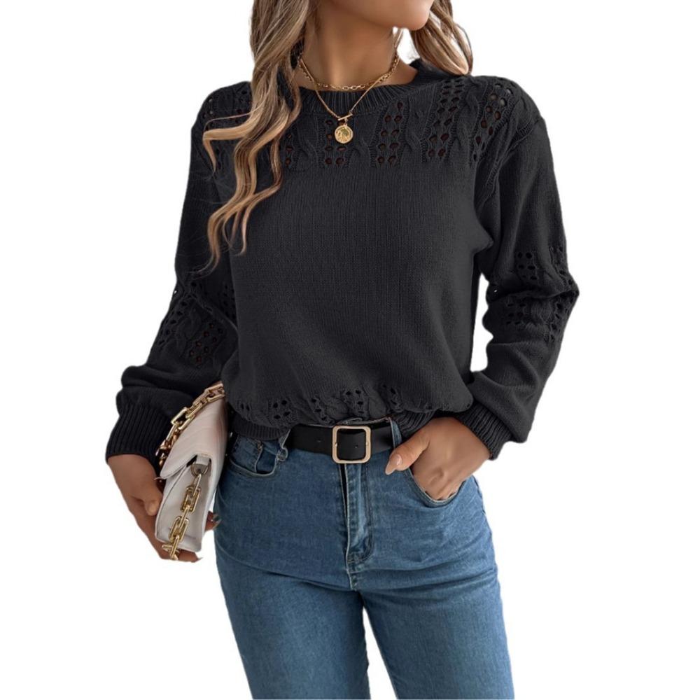 Women's Sweatshirt Casual Solid Colour Openwork Lantern Sleeve Pullover Knit Top