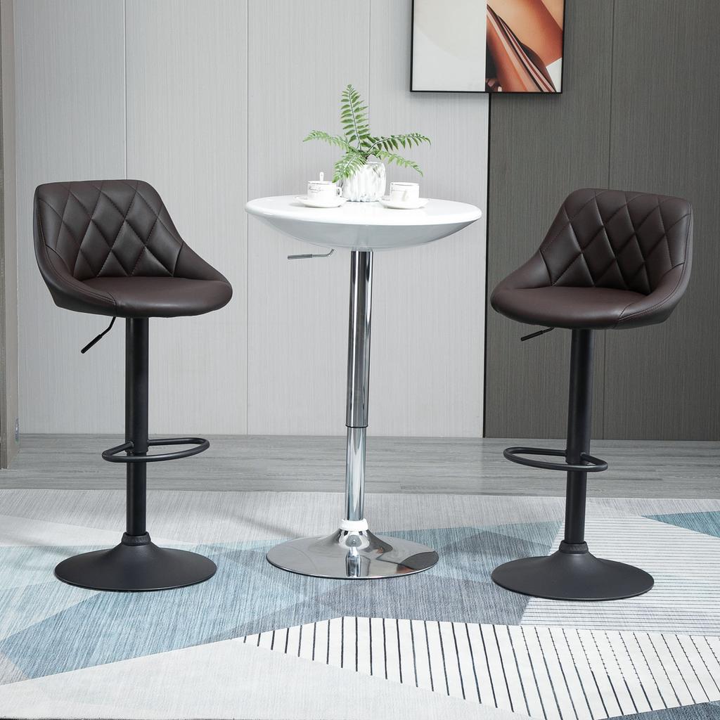 Set of 2 Adjustable Bar Stools with Backrest and Footrest, Metal Base and Faux Leather Seat, 46x48x83-104 Cm, Brown and Black