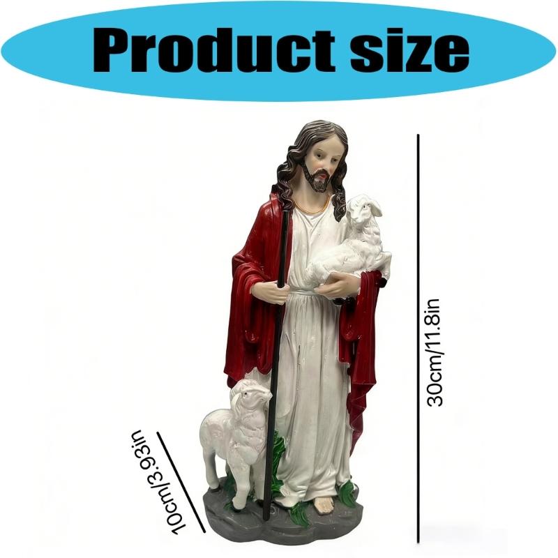 Jesuses Christ Statue with Lamb Hand Painted Good Shepherds Figurine Statue Modern Christian Home Decors Religious Gift