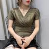 Women's Black Glitter Cross V Neck Rhinestone Shoulder Slim Short Sleeve T-shirt