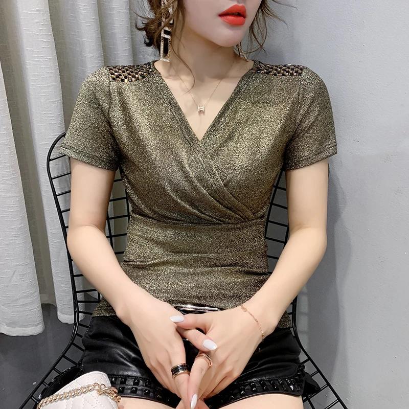Women's Black Glitter Cross V Neck Rhinestone Shoulder Slim Short Sleeve T-shirt