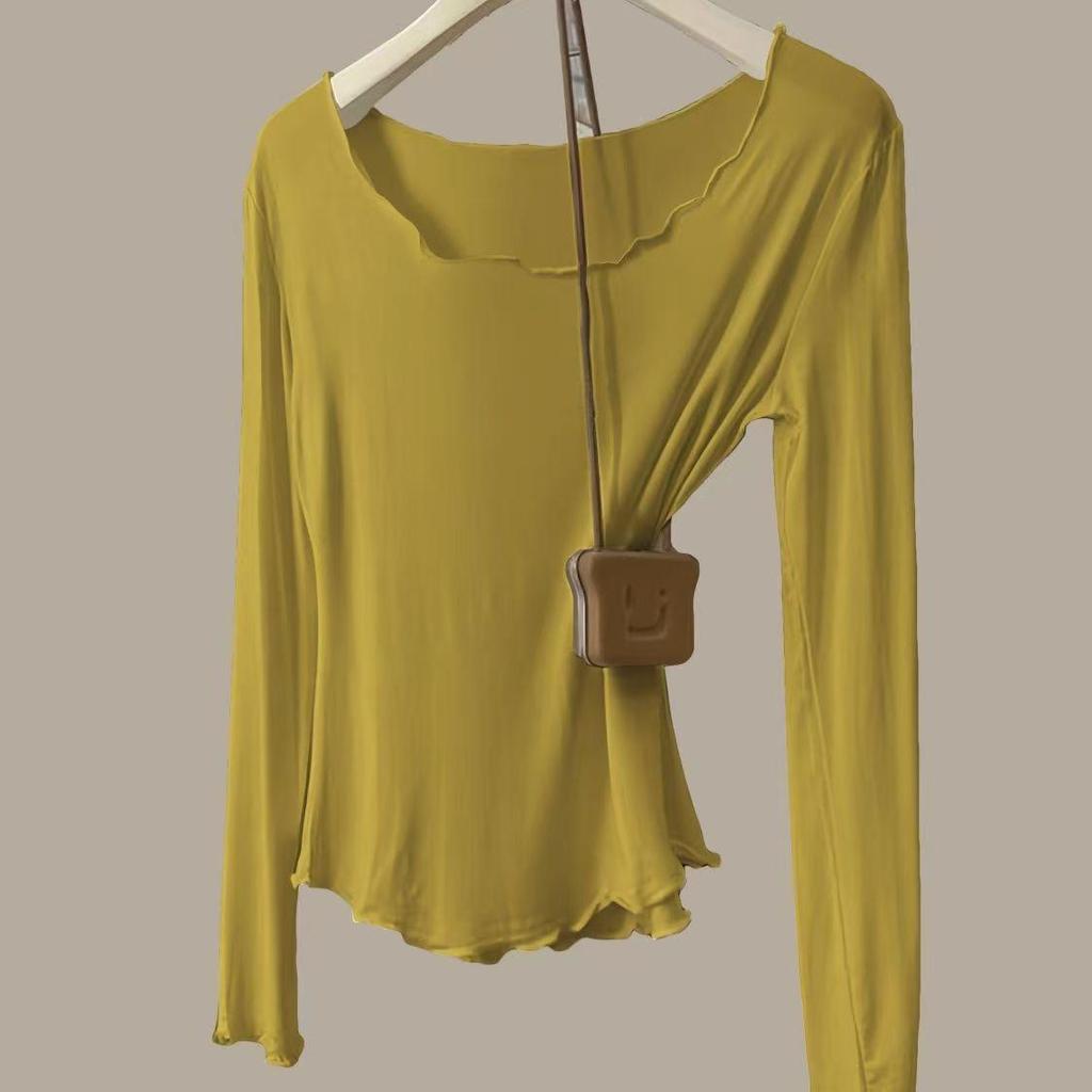 Women's Autumn Modal Ribbed Top: Round Neck, Long Sleeve, Rolled Hem, Base Layer T-Shirt