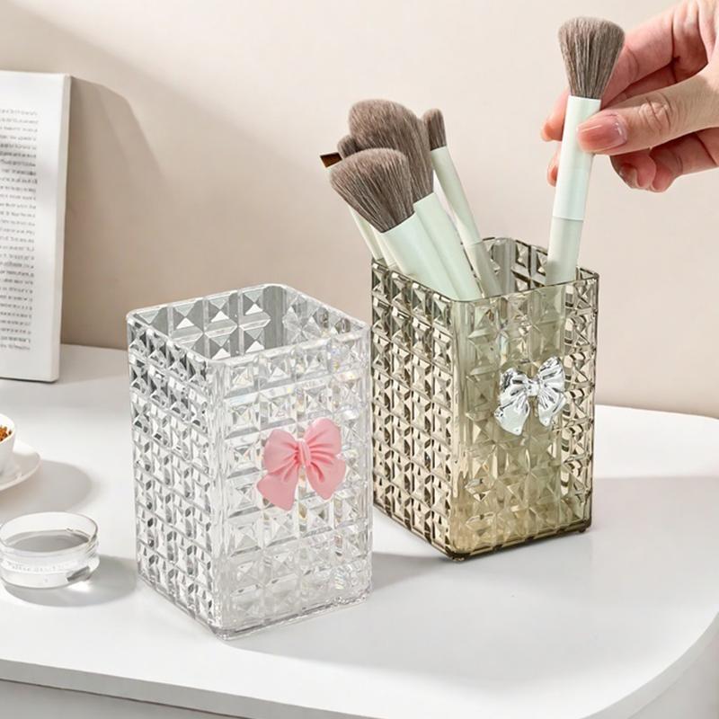 Square Plastic Makeup Brush Holder Desktop Cosmetic Storage Box With Bow Lipstick Eyeliner Makeup Organizer Jewelry Display Case