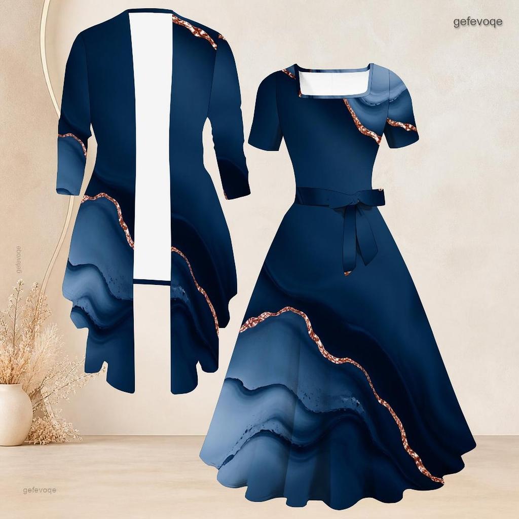 Women Plus Size Two Piece Set Square Neck Short Sleeve Tie Waist Flared Dress And Mid Sleeve Printed Cardigan Blue Gold