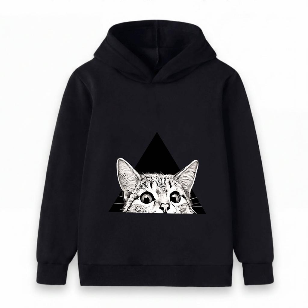Kids Boys Girls Hooded Sweatshirt, Funny Peeking Cat Triangle Graphic Casual Pullover Hoodie, Soft Long Sleeve Streetwear for Children