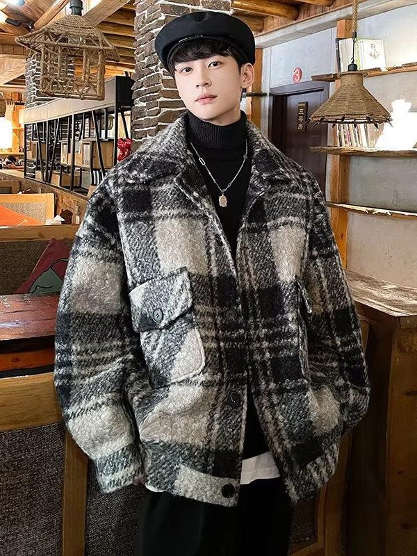Men's Retro Plaid Wool Coat - Autumn/Winter Casual Thickened Lapel Jacket 