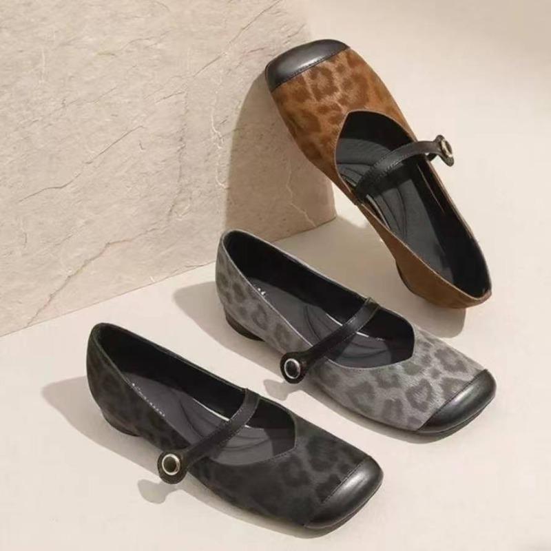 Autumn New Women's Shoes Leopard Print Soft Leather Mary Jane Shoes Square Head Flat Shoes Retro Evening Shallow Mouth Single Shoes Women