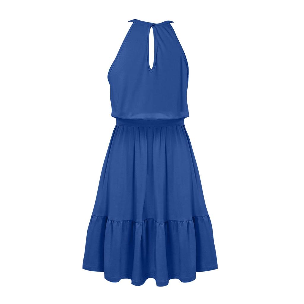 Women's Fashion Draped Sleeveless Hanging Neck Pleated Tie Dress Color
