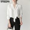 Female V-neck Bow Shirt Temperament Long Sleeved Chiffon Shirt for Women