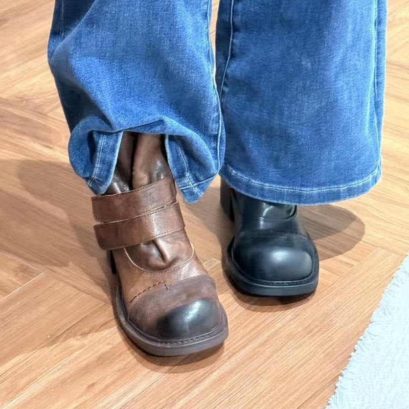 Sheepskin Version ~ Retro High-heeled Boots Women's New Versatile Pleated Velcro Thick-heeled Western Martin Boots Skinny Boots