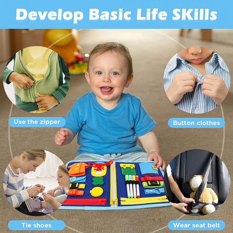 Busy Board Sensory Montessori Toys 10 Pages Quiet Book for Kids Preschool Learning Activities W/ Life Skills Alphabet Number Shape Weather