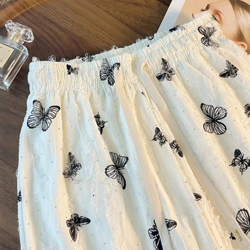 Women's Spring/Summer Thin Butterfly Print Distressed Straight-Leg Pants - High-Waist Loose Drapey Casual Wide-Leg Trousers