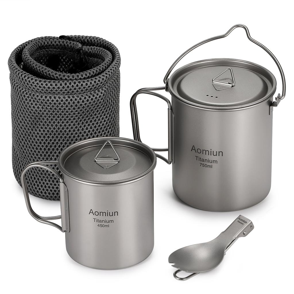 Aomiun Ultralight 750ml Titanium Pot - Portable Mug with Folding Handle & Lid for Backpacking, Camping and Outdoor Cooking