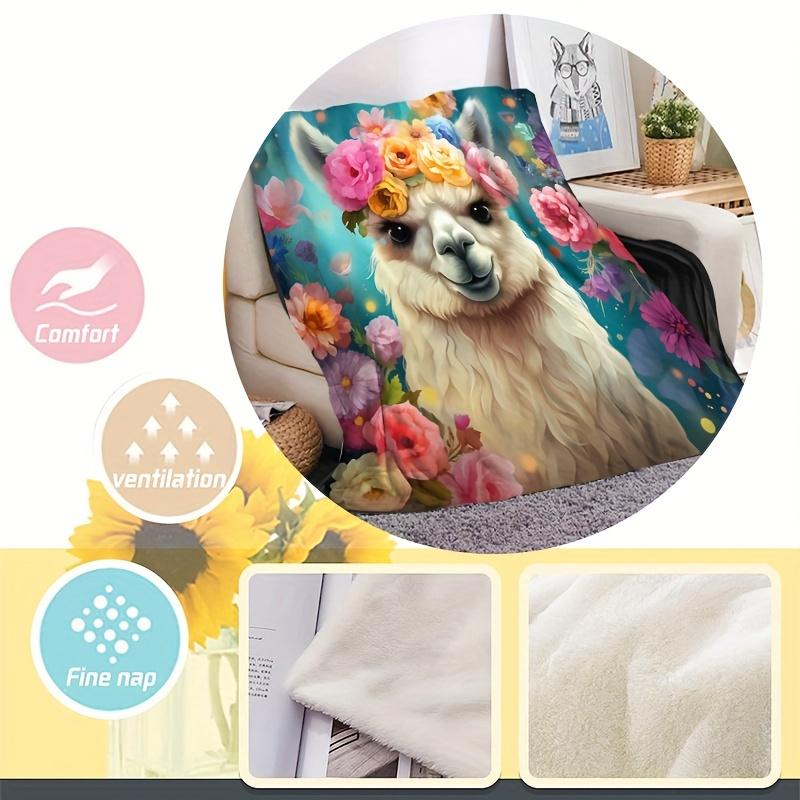 Alpaca Flower Cute Animal Floral Print Art Blanket -Soft All-Season Multi-Purpose Throw for Sofa, Bed, Living Room & Travel Gift