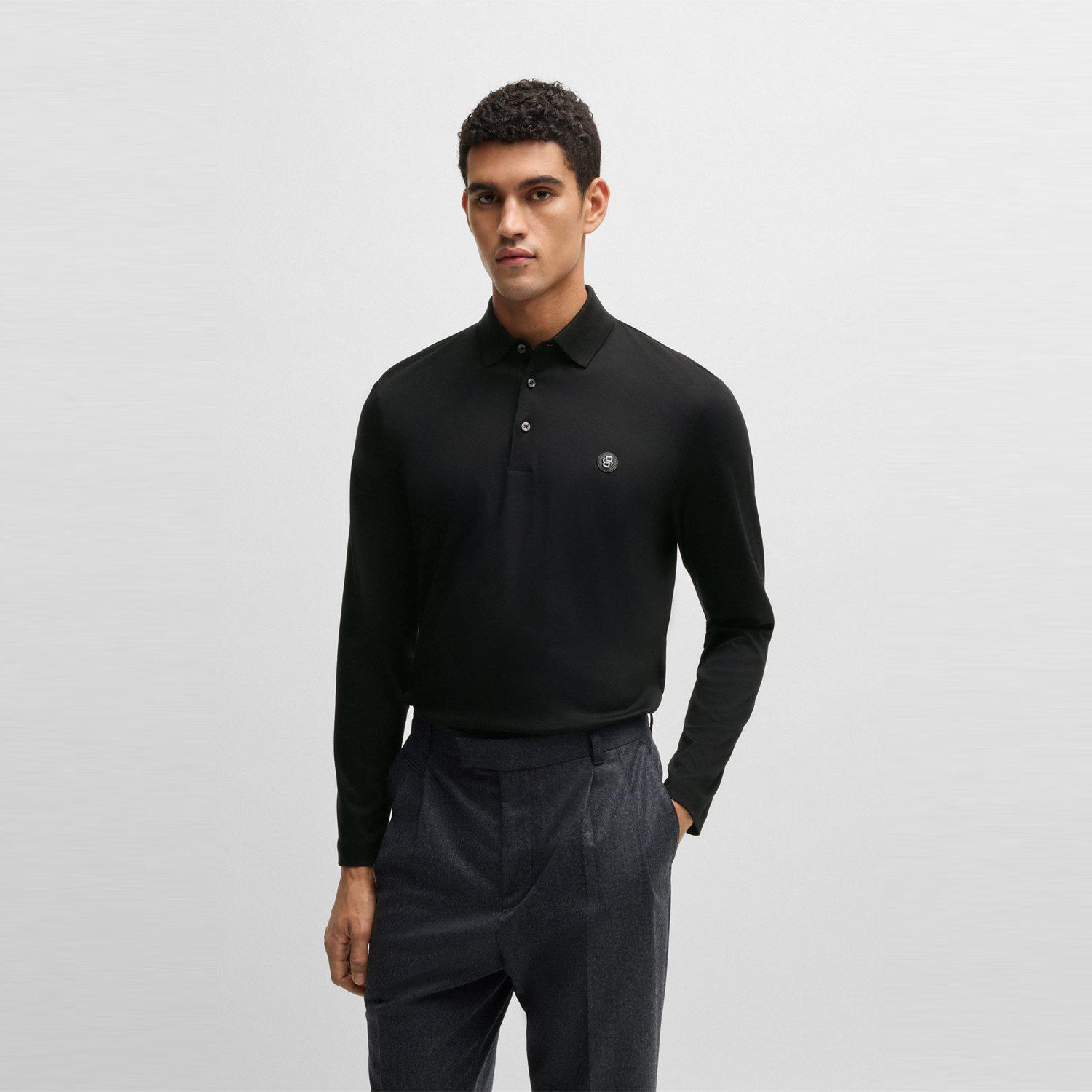 Boss B Monogram Long Sleeve Polo Shirt Regular Fit 50523917_001 Black/M