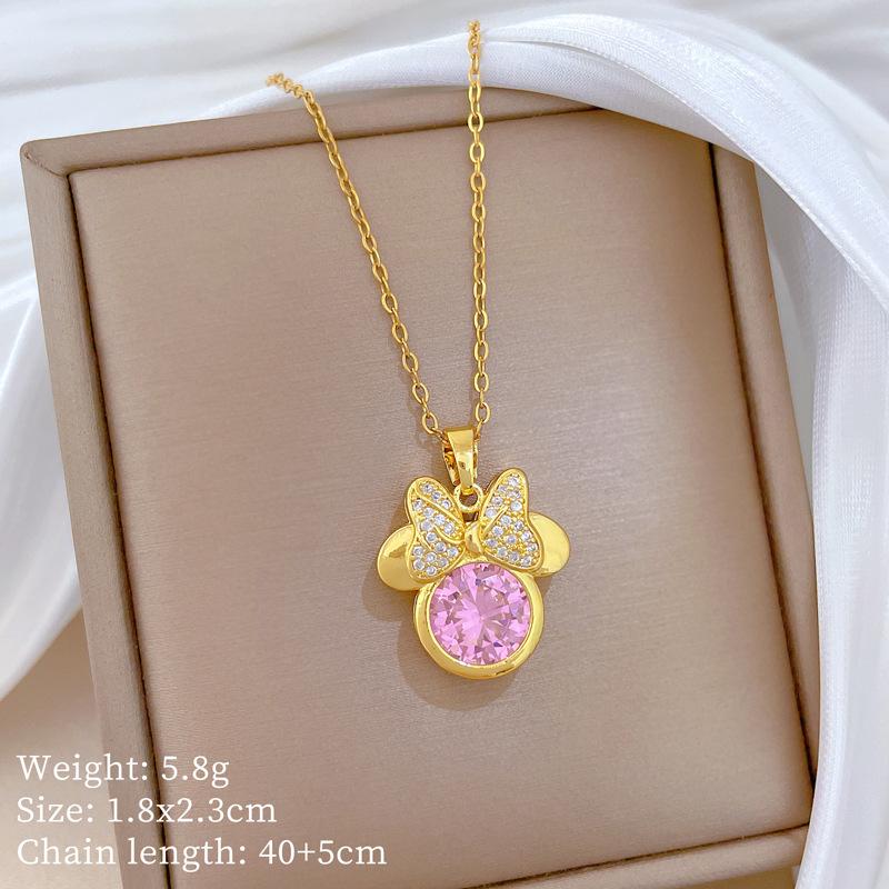 Bow Cat Set Light Luxury Temperament Gorgeous Full Diamond Necklace Female Versatile Collarbone Titanium Steel Chain