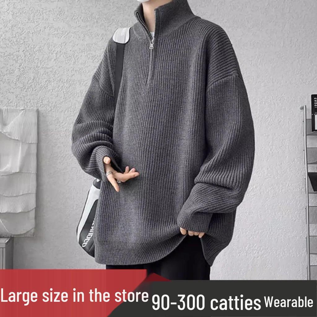 Men's Plus Size Half-Zip Stand Collar Sweater - Solid Color, Versatile, Trendy, Loose Fit for High School Students (Autumn/Winter)