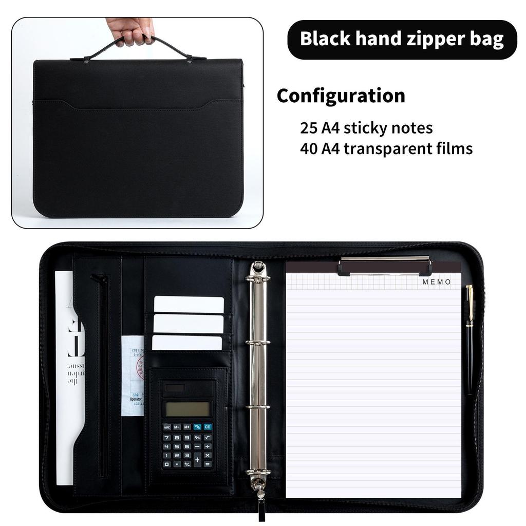 A4 Leather Manager Portfolio with Calculator - Portable, Multifunctional Zipper Folder for Customer Meetings and Room Transactions