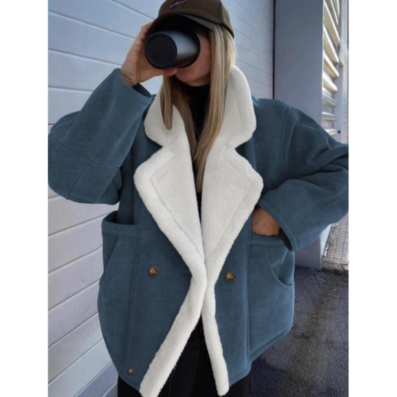 Women's Loose-Fit Warm Vintage Shearling Coat for Fall/Winter Thick Fluffy Splicing Big Lapel Coats Lady Street Jackets
