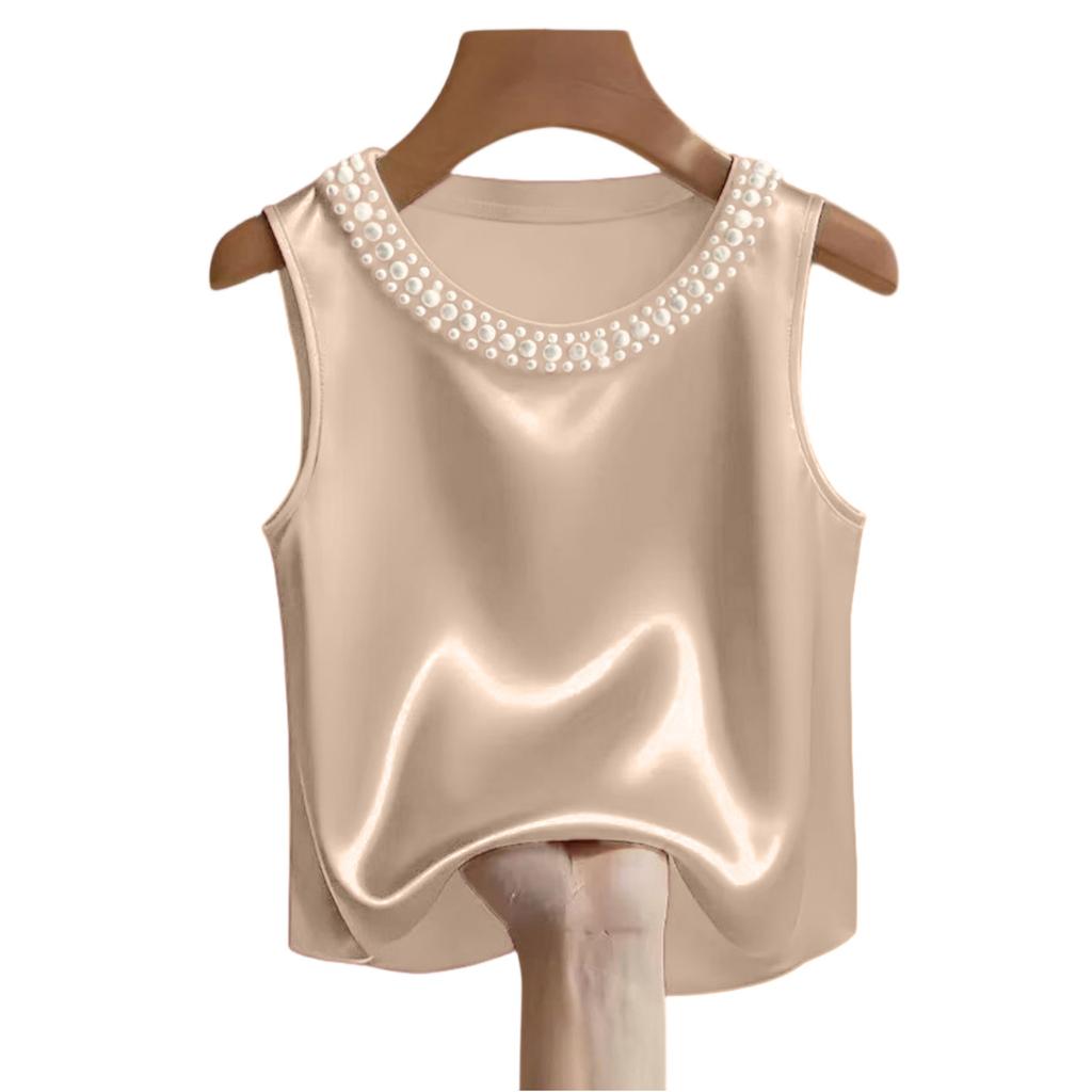 Women's Fashion Satin Pearl Round Neck Short Sleeve T-Shirt Casual Top