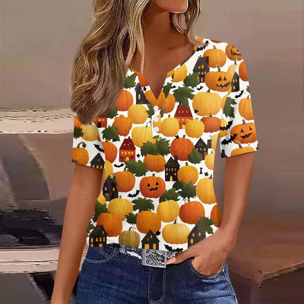 Women's T Shirt Halloween Print Button Short Sleeve Daily Weekend Fashion Basic V- Neck Regular Top