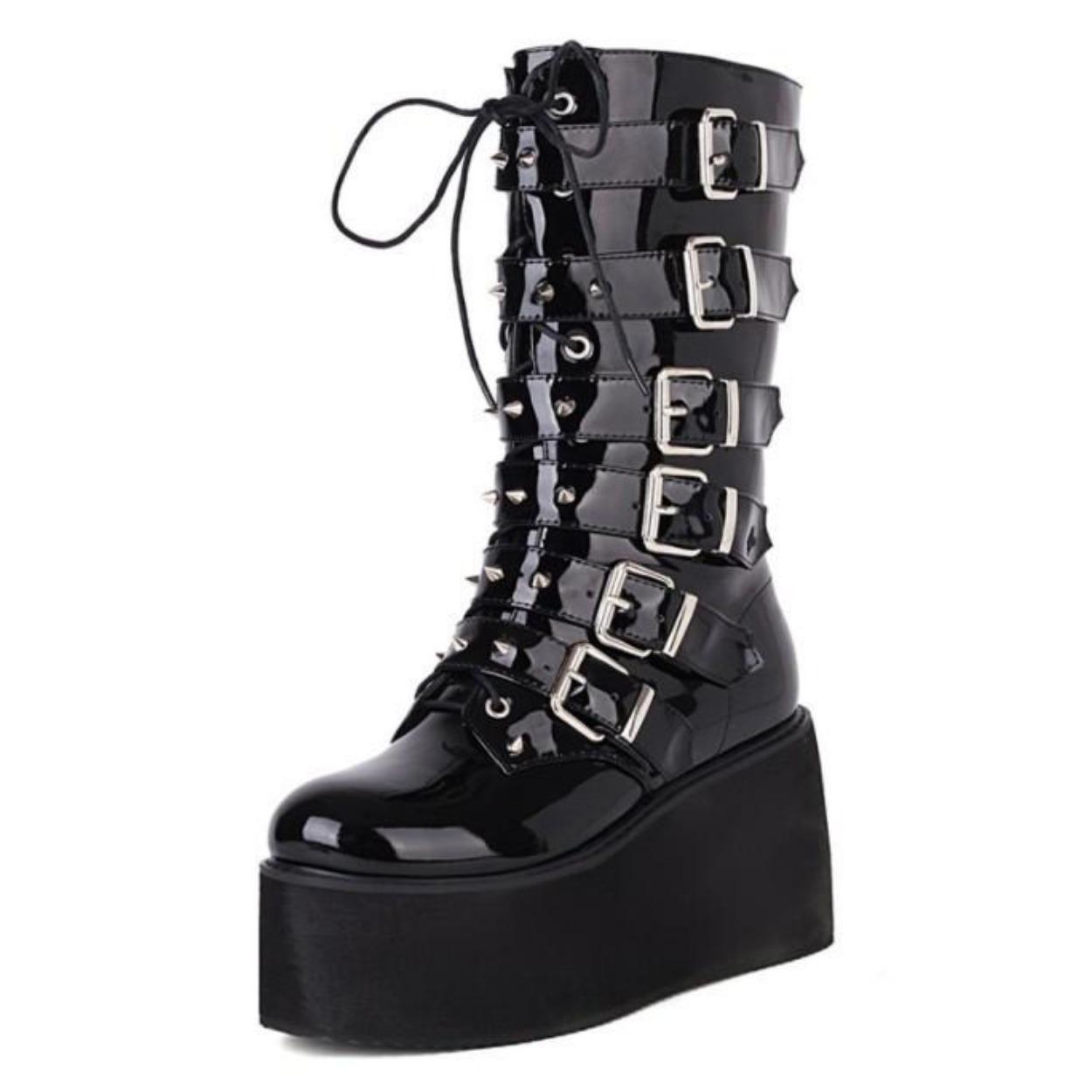

Punk style rivet medium tube knight boots women s autumn and winter thick-soled high-heeled belt buckle large size 43 women s boots 43