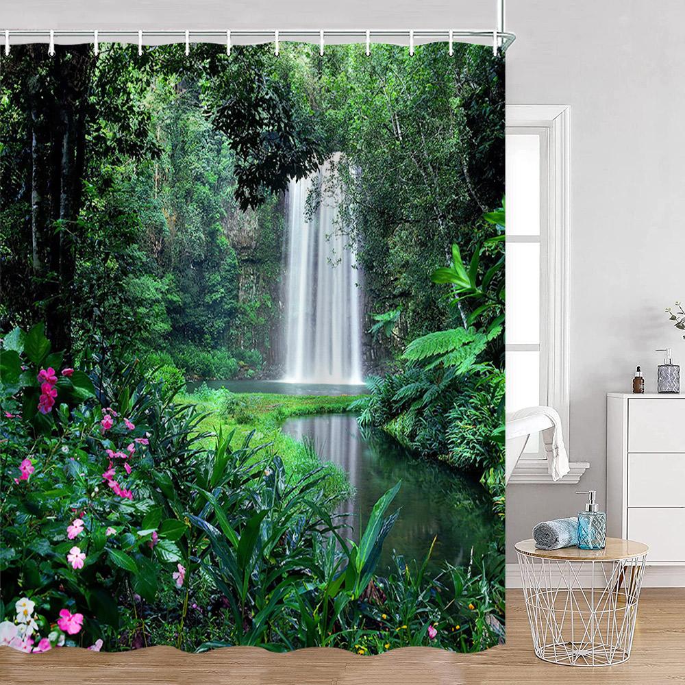 Garden Green Palnts Shower Curtains Green Leaves Chinese Garden Forest Floral Bathroom Curtains Classical Home Decor for Bath