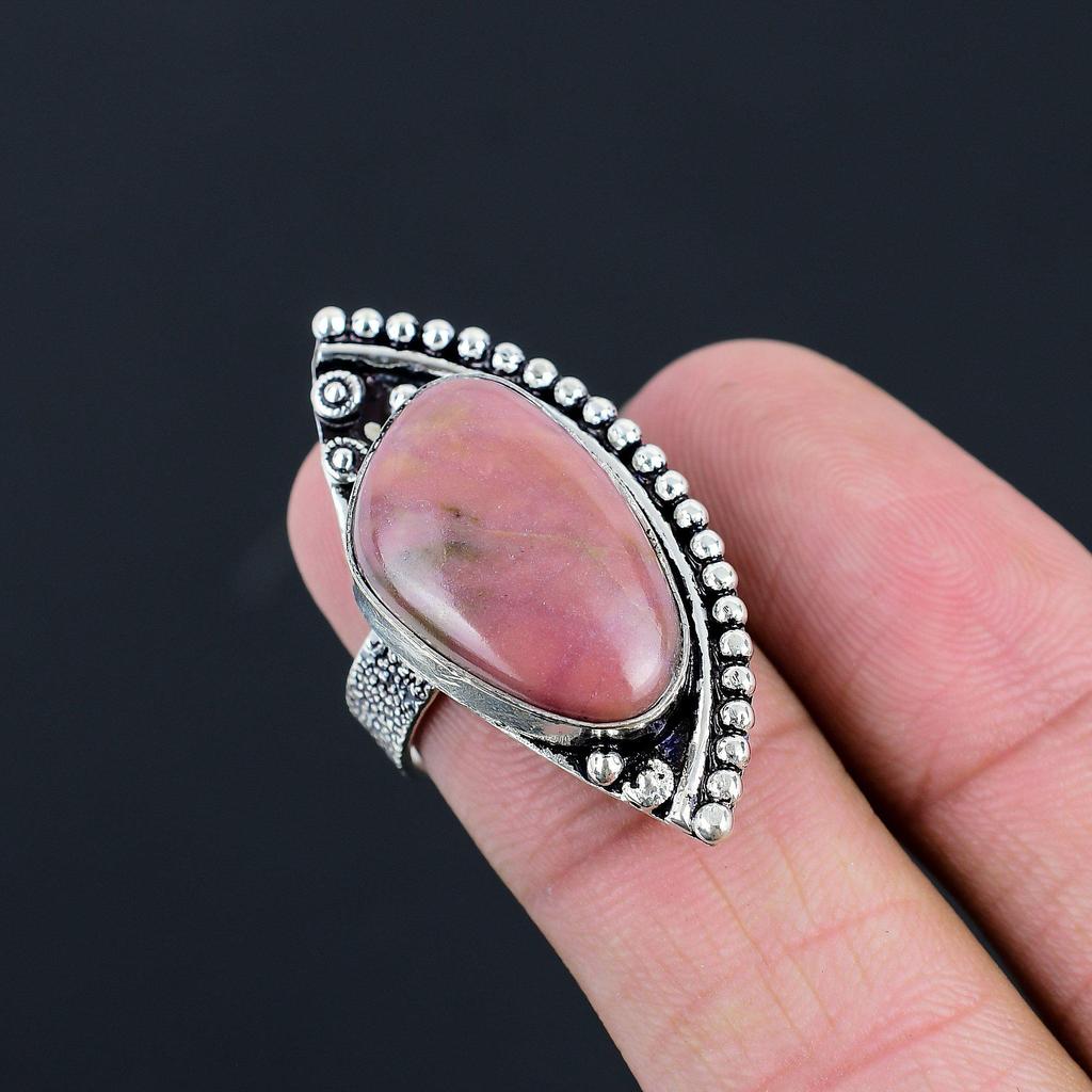 Trillion Natural Rhodonite 925 Sterling Silver Art Deco Promise Boho Ring US 7.5