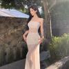 Seaside Vacation Wind Mesh Flower Tube Top Dress Women's Pure Desire Sexy Perspective Design Sense Slim Temperament Long Dress