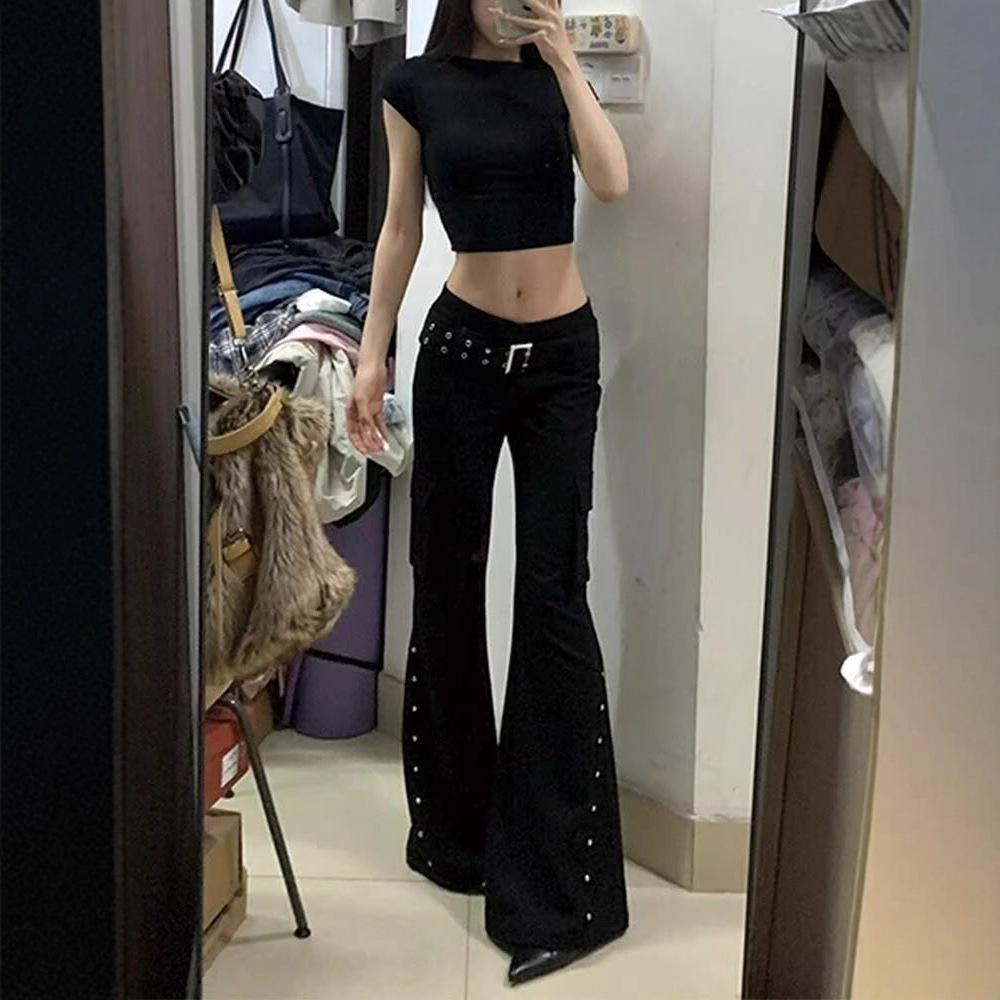 

Женские брюки Dark Academia Goblin Core Длинные брюки Gyaru Goth Низкая посадка Расклешенные брюки Y2K Уличная одежда Эластичные Японские Harajuku Grunge XS чёрный