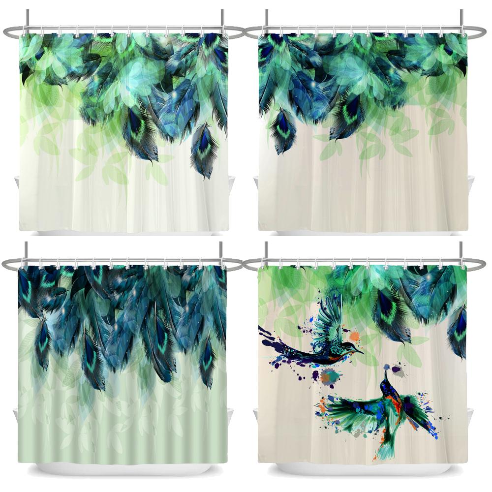 Feather Shower Curtains Printed Fabric Watercolor Flowers Bathroom Waterproof Polyester Bath Curtain Home Decoration with Hooks