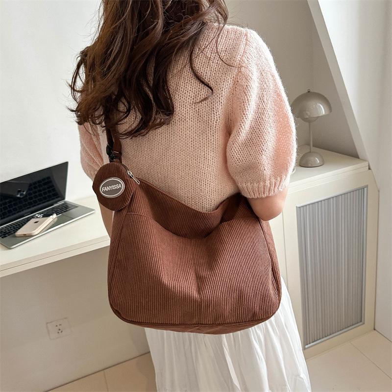 Large Capacity College Girls Simple Book Shoulder Bag Soft Corduroy Female Crossbody Bags Solid Colour Ladies Tote Purse Handbag