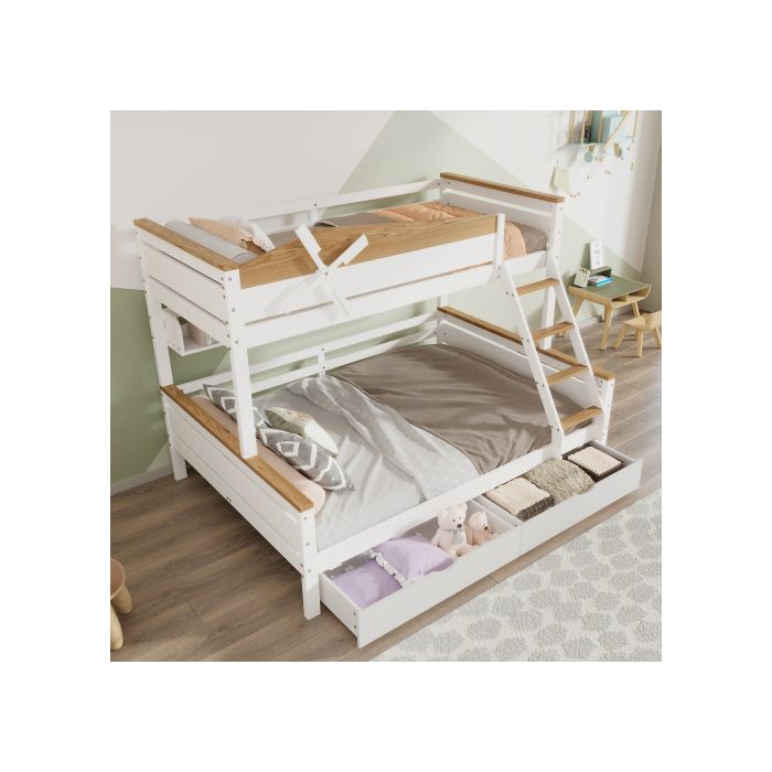 Lit superposé - MUVOE - Moulin à vent - Blanc + Naturel - 90x200cm &amp; 140x200cm - 2/3 places