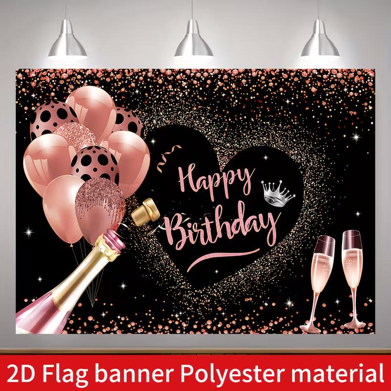 2D Black & Rose Gold Birthday Backdrop, Champagne Balloon Themed Photography Background