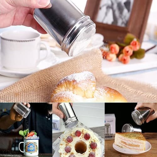 Set of 2 Powder Shaker Cans, Stainless Steel Powder Shaker Bottles for Sprinkling Sugar, Cocoa, Coffee, Chocolate, Pepper, and More, Perfect for Cooki