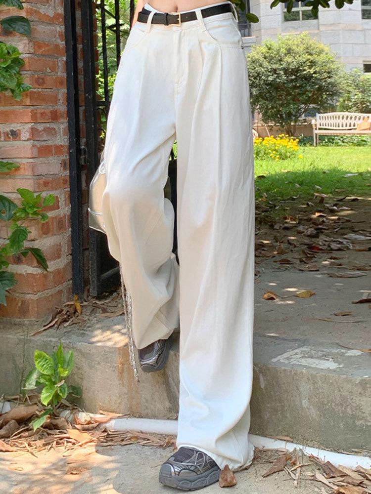 American White Wide-Leg Pleated Jeans for Women - Autumn 2024 High-End Loose Floor-Length Pants