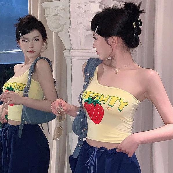 Pure Desire Sweet Hot Girl Off-shoulder Single Shoulder Suspender Vest Women Wear Tight Short Sexy Sleeveless T-shirt Top