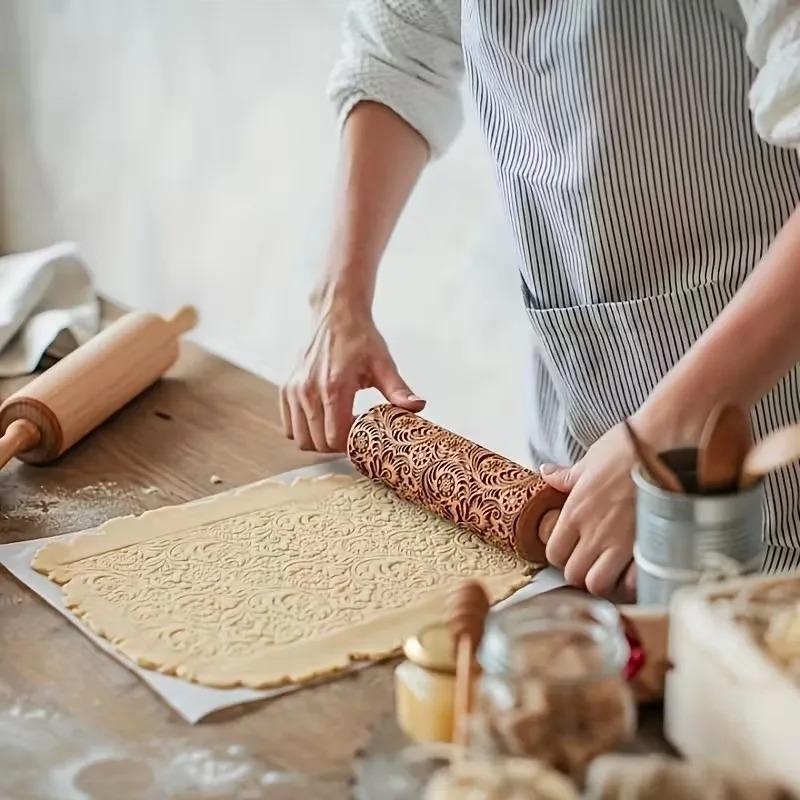 1-5PCS Christmas Snowflake Embossed Rolling Pin Wooden Dough Roller with Laser Cut Paisley Pattern for Holiday Baking