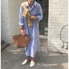 Spring and Autumn New Korean Chic Versatile Small Fresh Striped Polo Collar Single-breasted Long Shirt Dress
