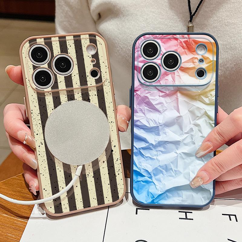 Rainbow Color Striped Phone Case For iPhone 17 Pro Max Hybrid TPU+PC Magnetic For Magsafe Matte Cover For iPhone 16 15 14 13 Pro Max