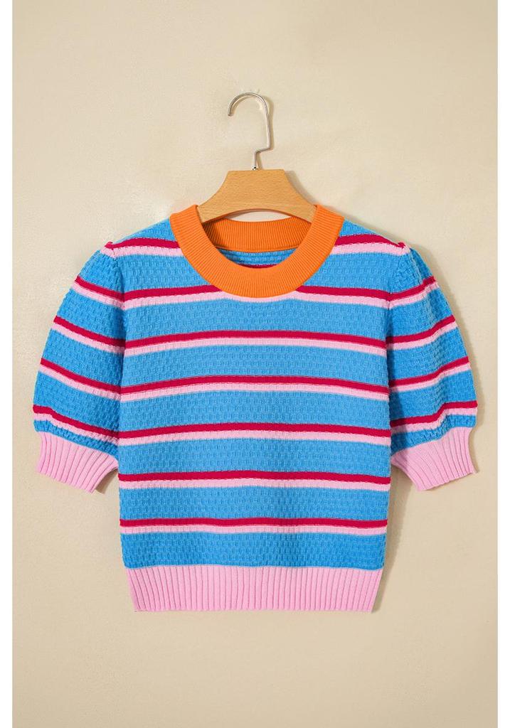 Women's Casual Striped Patchwork Short Sleeve Round Neck Sweater